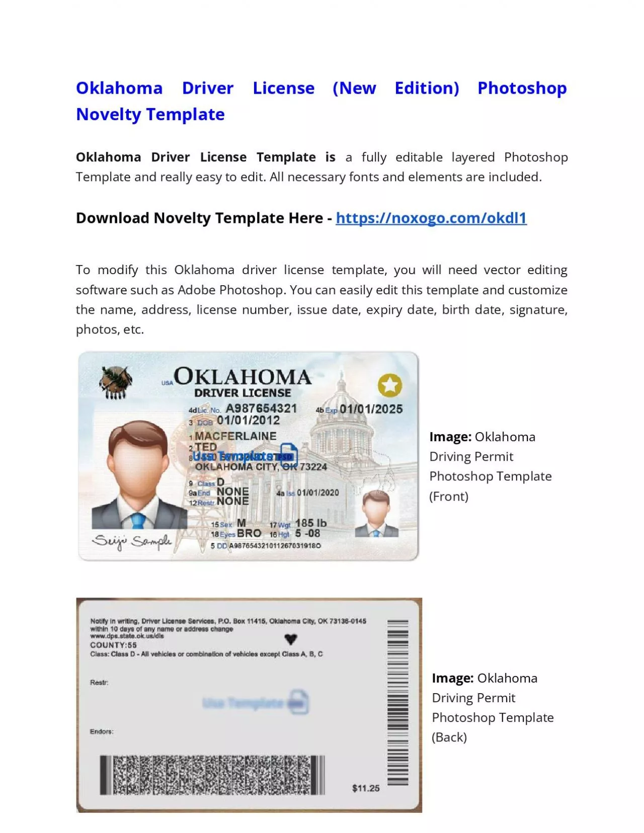 PDF-Oklahoma Drivers License (New Edition) Photoshop Novelty Template