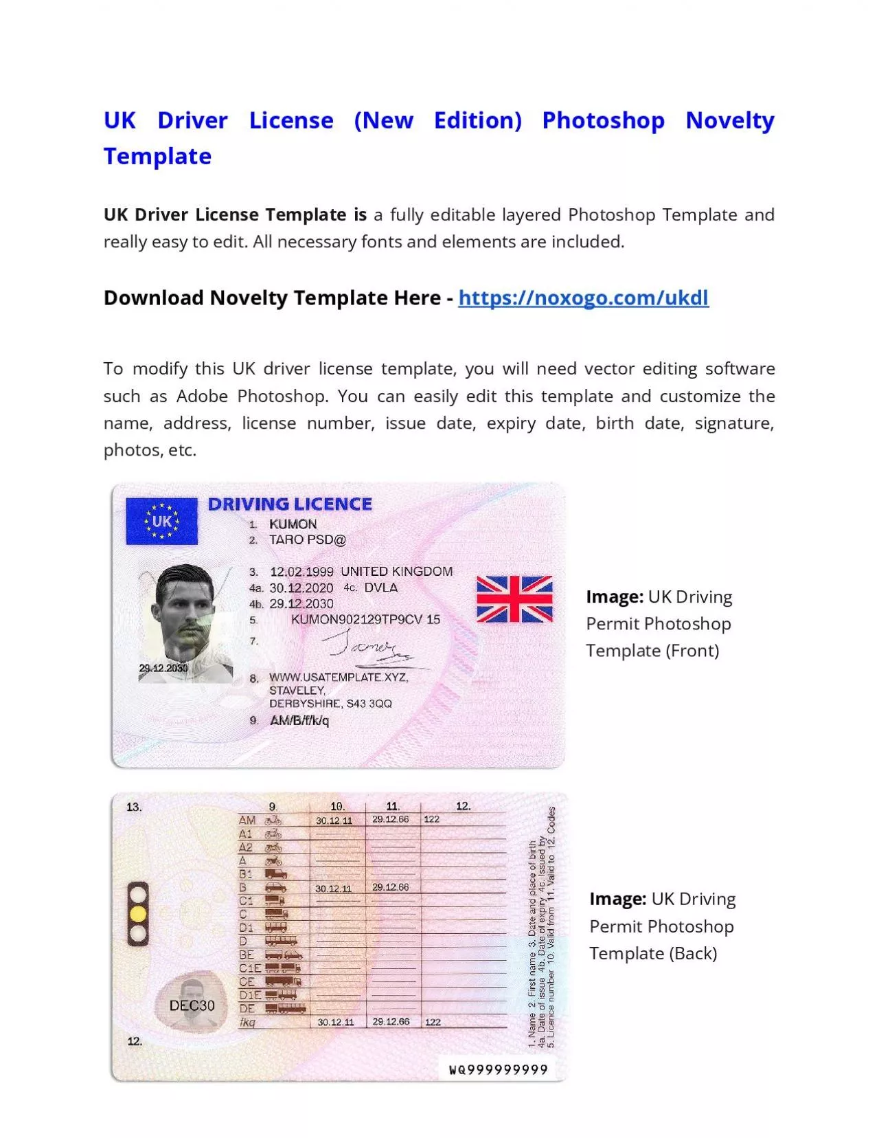 PDF-UK Driver License (New Edition) Photoshop Novelty Template