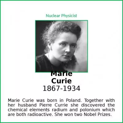 Marie Curie was born in Poland. Together with her husband Pierre Currie she
