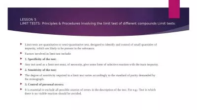 LESSON 5 LIMIT TESTS: Principles & Procedures involving the limit test of different