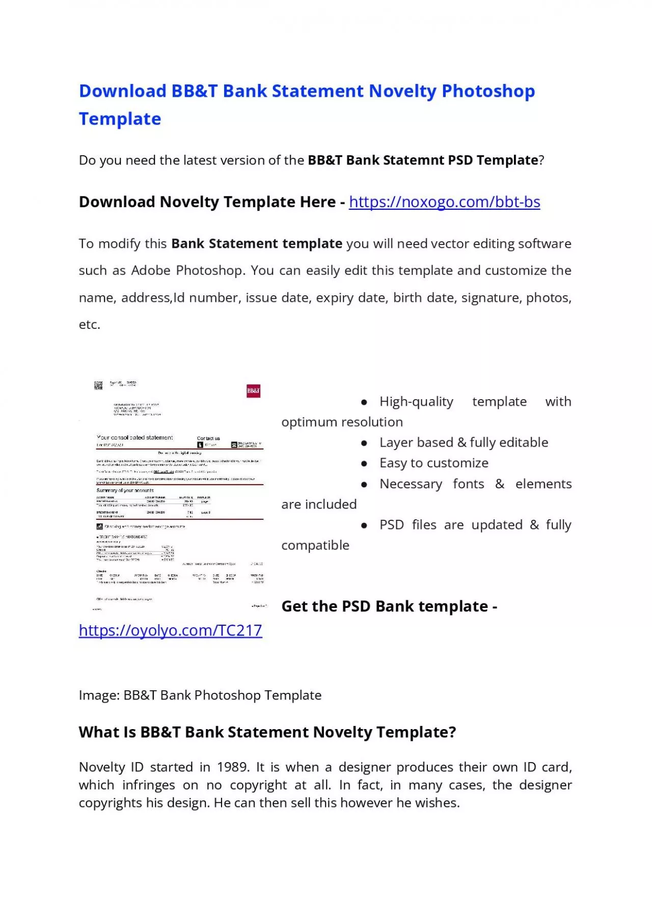 BB&T Bank Statement Template – Download MS Word File