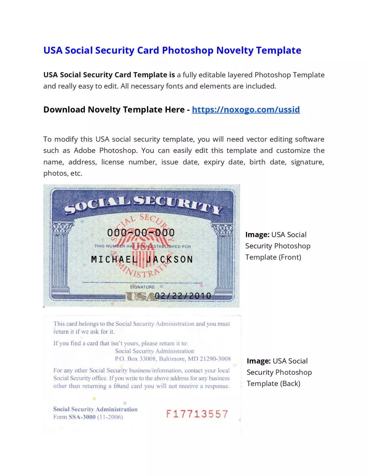 PDF-USA Social Security Card Photoshop Novelty Template