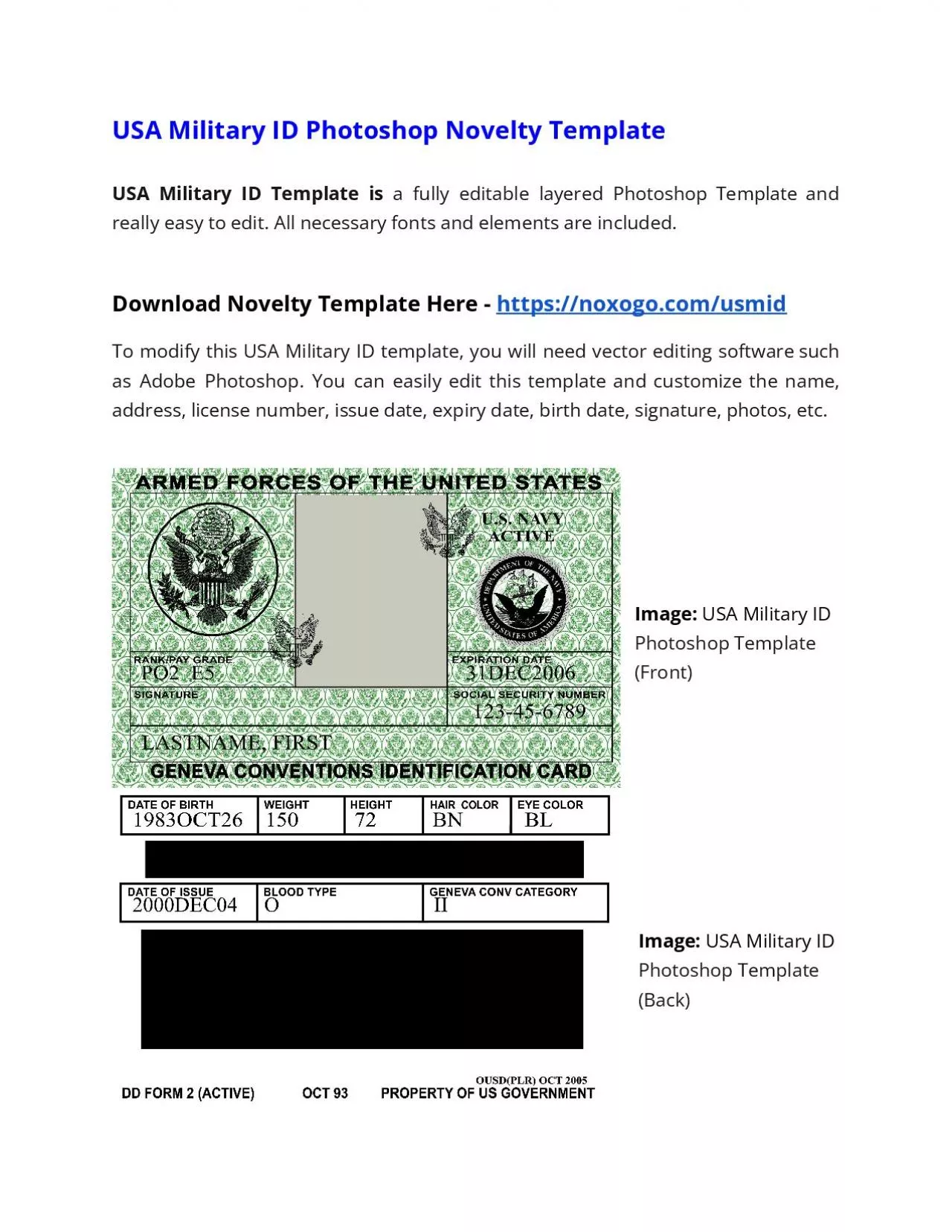 PDF-USA Military ID Photoshop Novelty Template