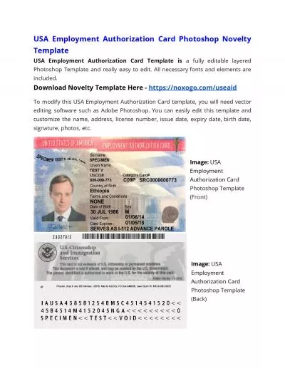 USA Employment Authorization Card Photoshop Novelty Template
