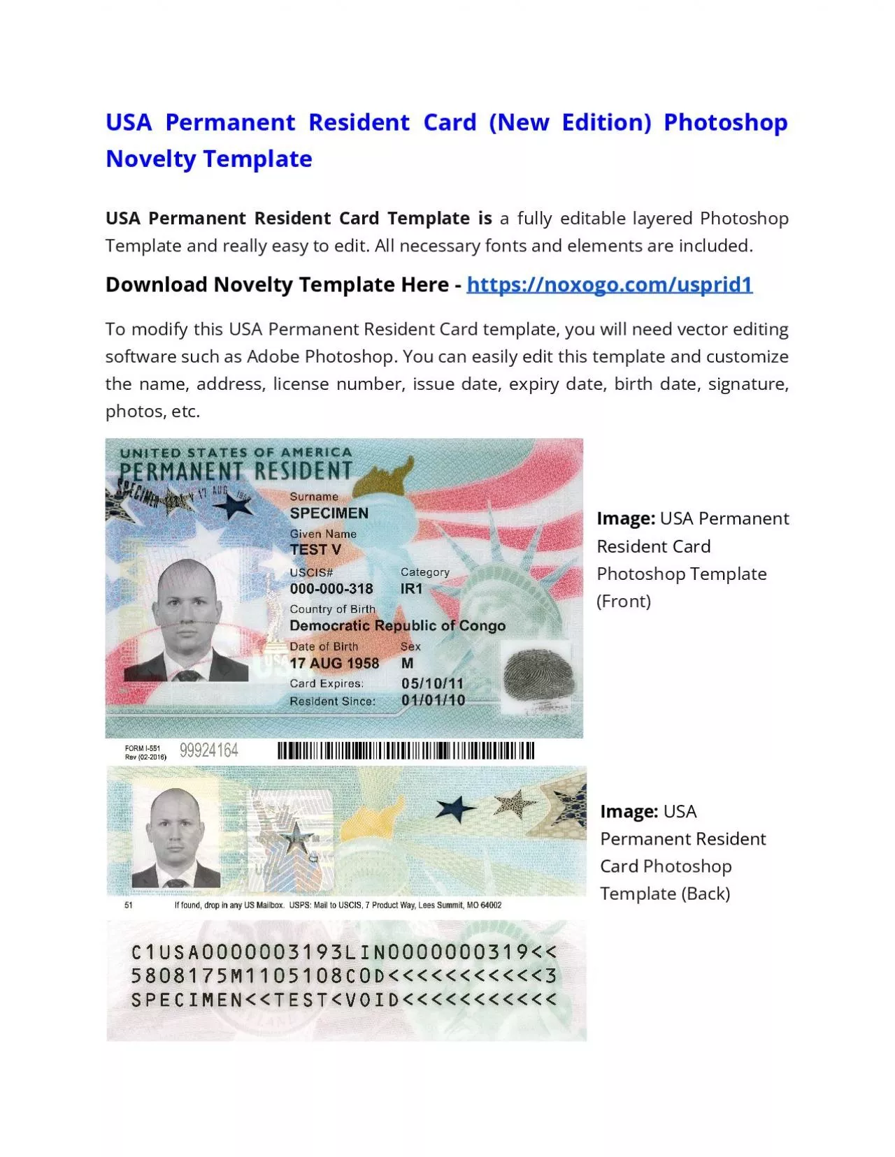 PDF-USA Permanent Resident Card (New) Photoshop Novelty Template