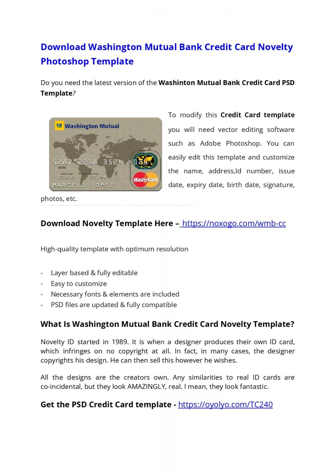 Washington Mutual Bank Credit Card PSD Template – Download Photoshop File