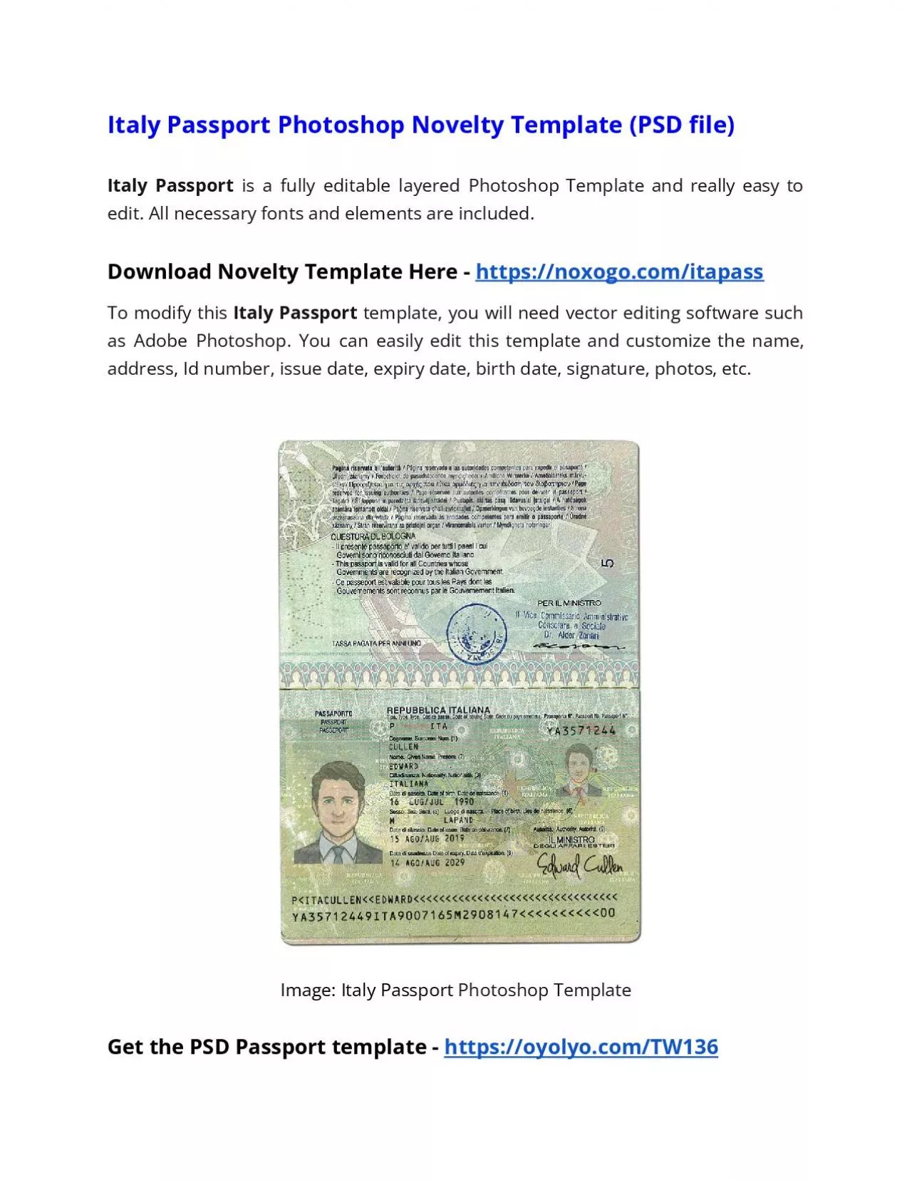 PDF-Italy Passport Photoshop Novelty Template