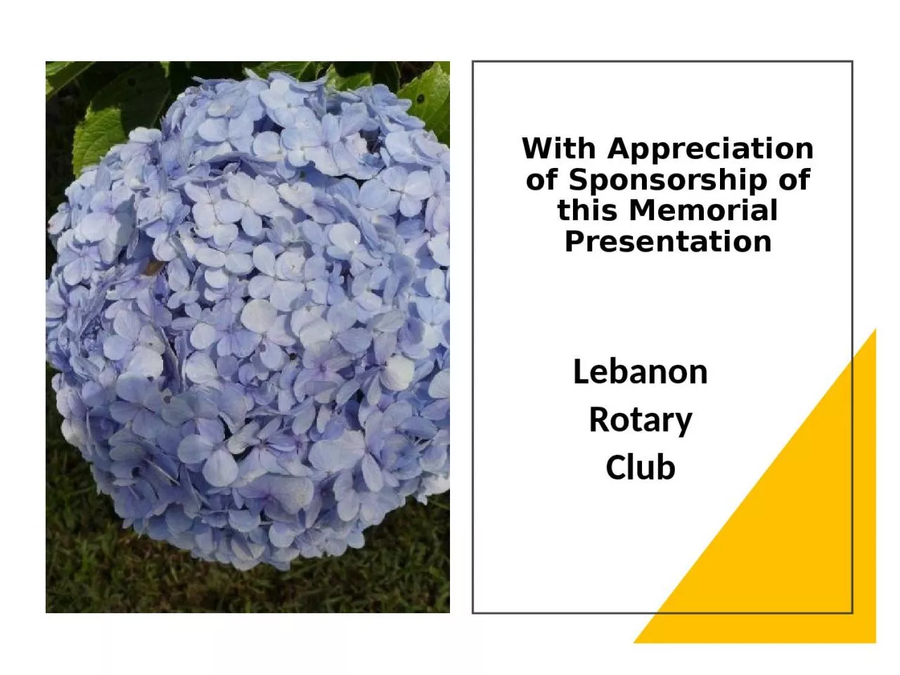 With Appreciation of Sponsorship of this Memorial Presentation