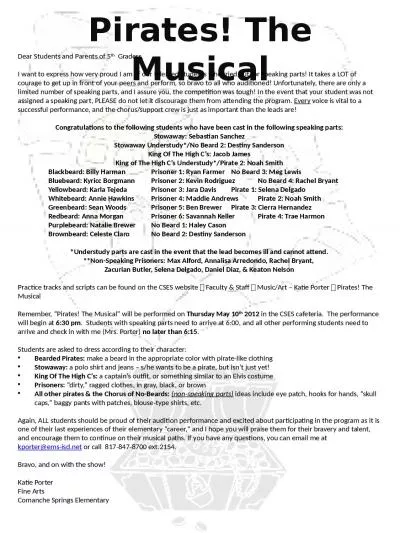 Pirates! The Musical Dear Students and Parents of 5