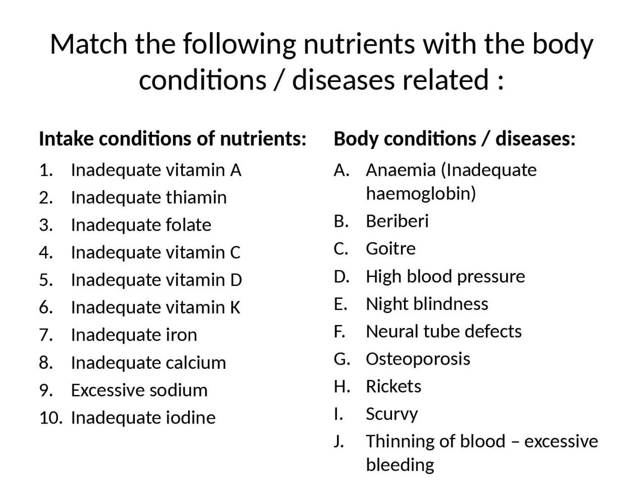 Match the following nutrients with the body conditions / diseases related :