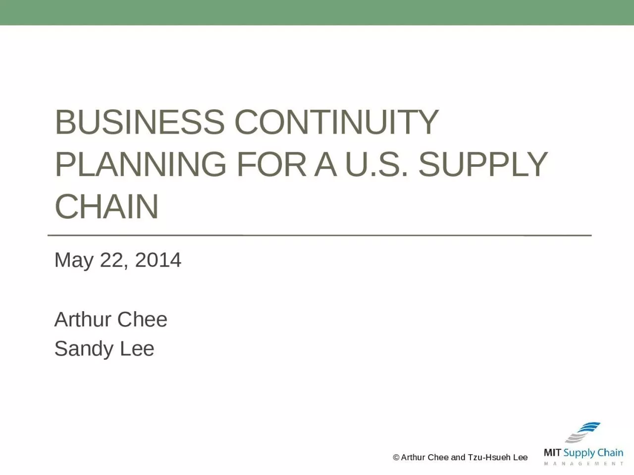 Business Continuity Planning for a U.S. Supply Chain