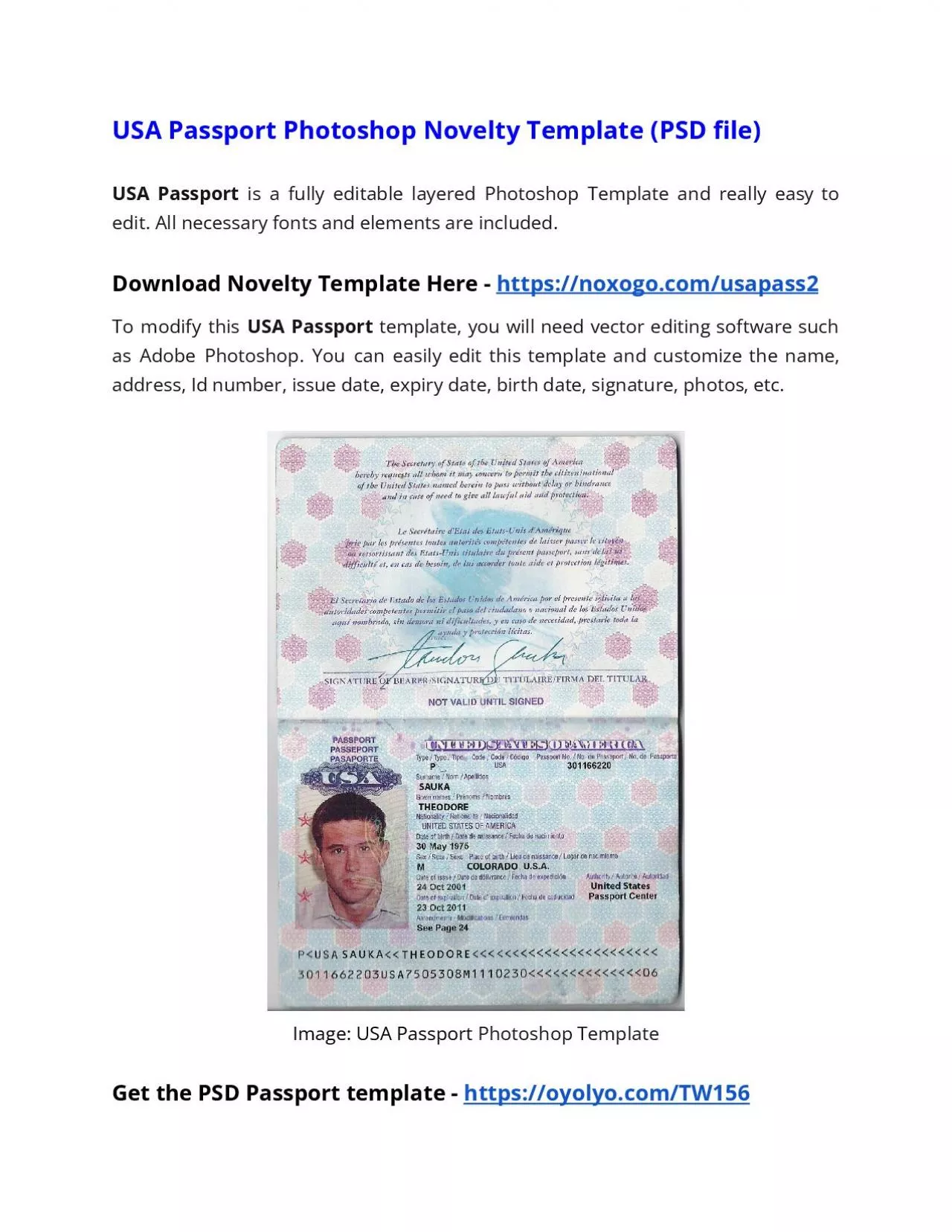 PDF-USA Passport Photoshop Novelty Template