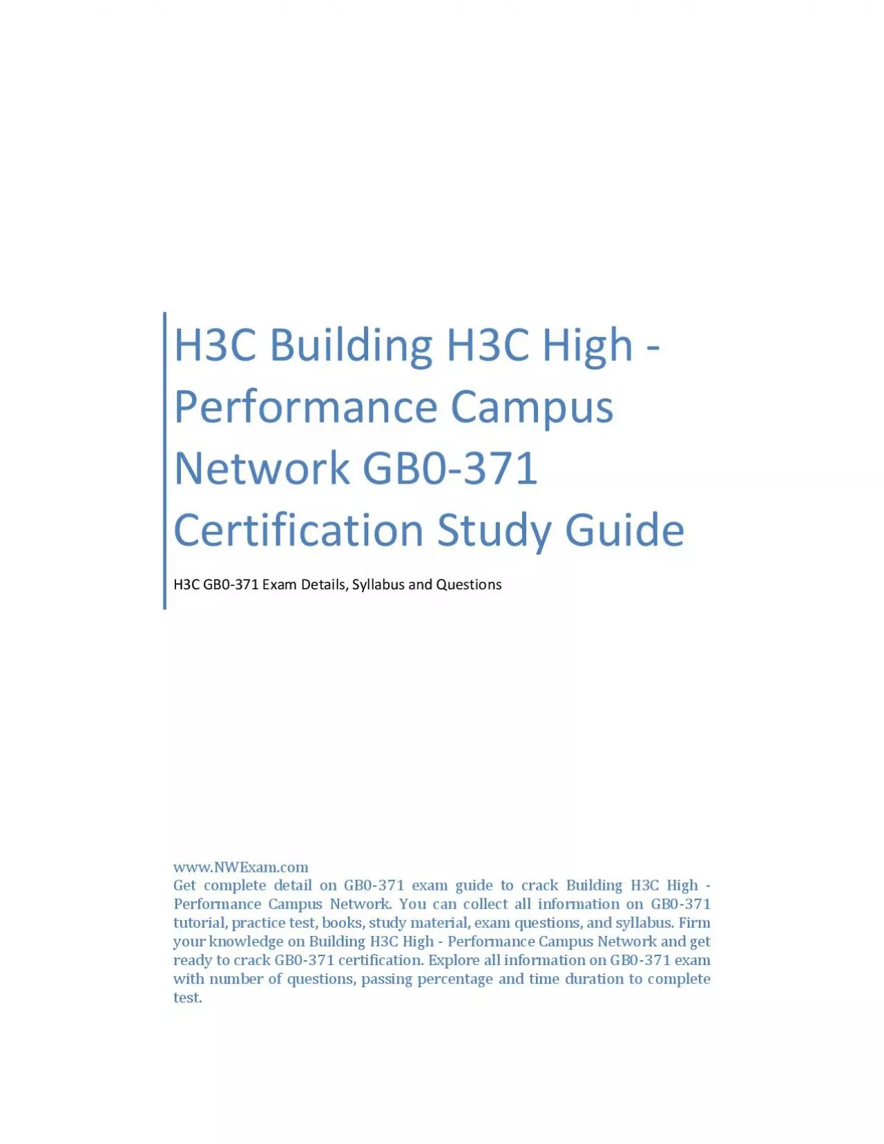 PDF-H3C Building H3C High - Performance Campus Network GB0-371 Certification Study Guide