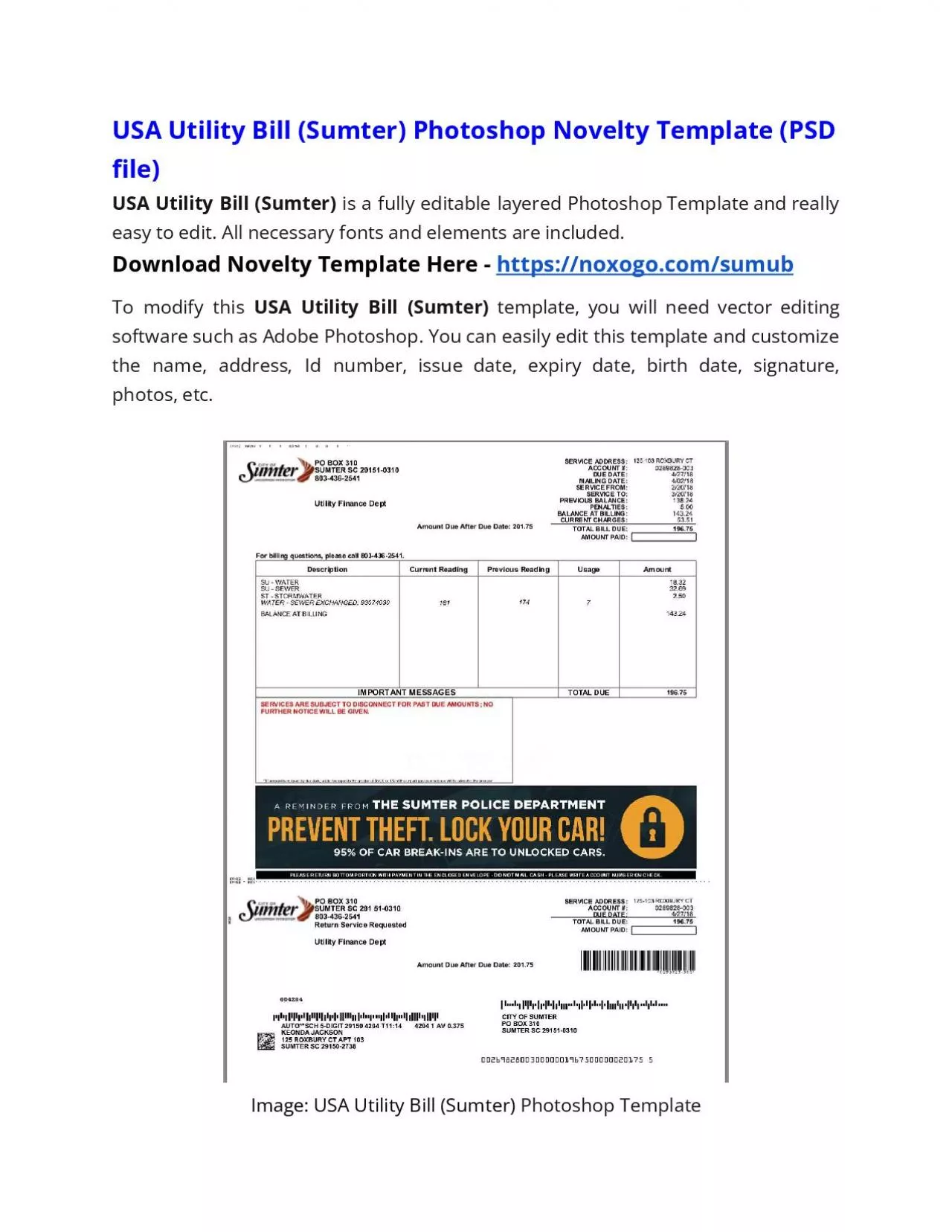 PDF-USA Utility Bill (Sumter) Photoshop Novelty Template