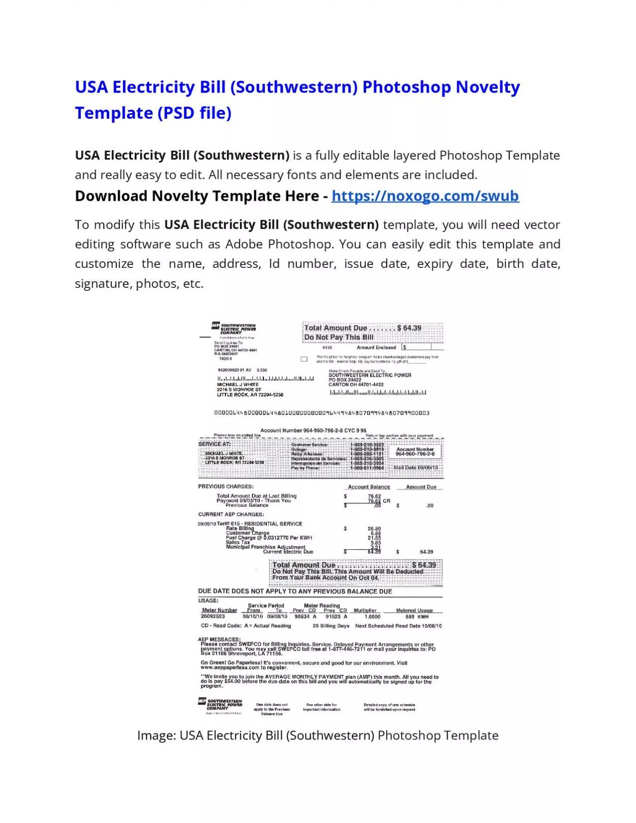 PDF-USA Electricity Bill (SouthWestern) Photoshop Novelty Template