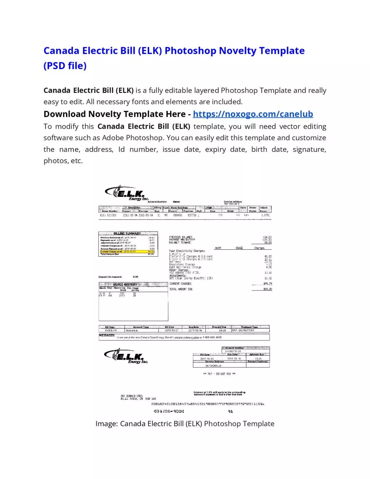 PDF-Canada Electricity Bill (ELK) Photoshop Novelty Template