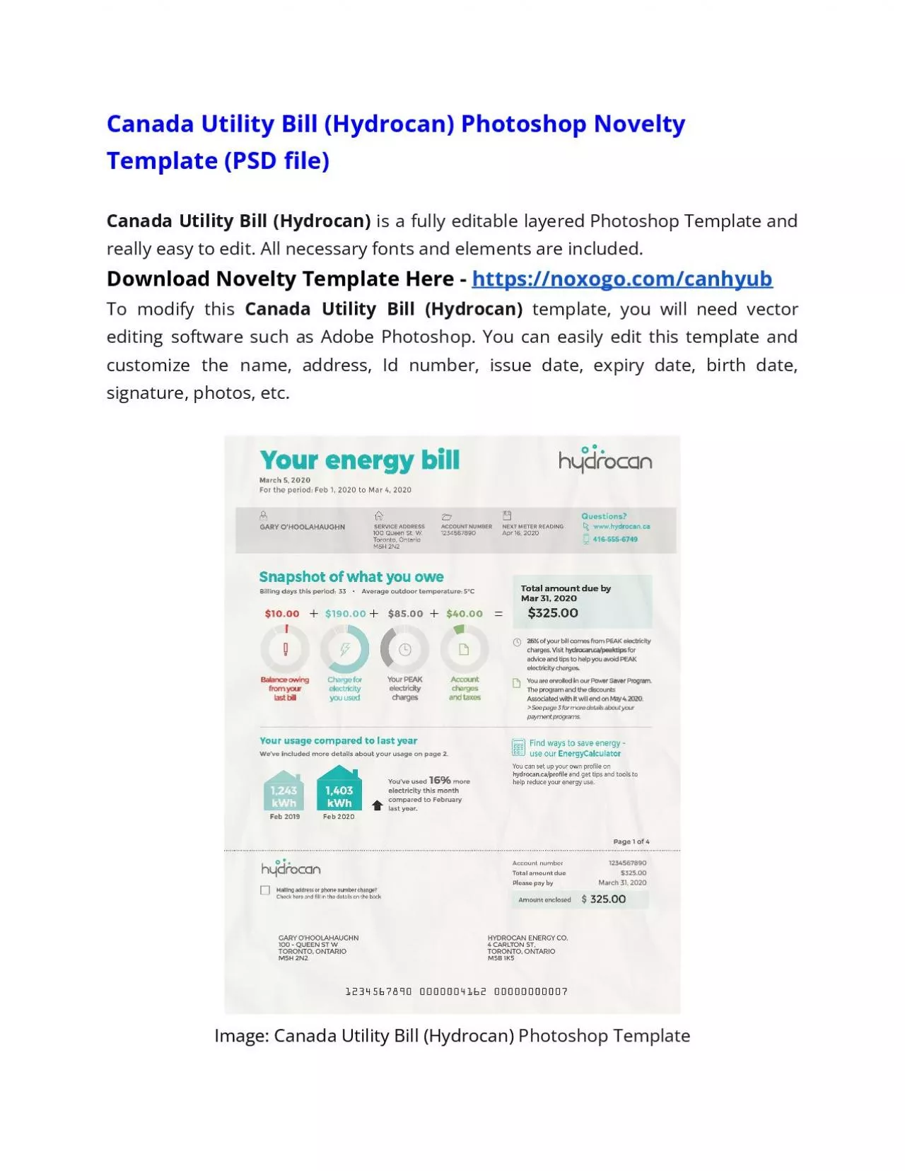 PDF-Canada Utility Bill (Hydrocan) Photoshop Novelty Template