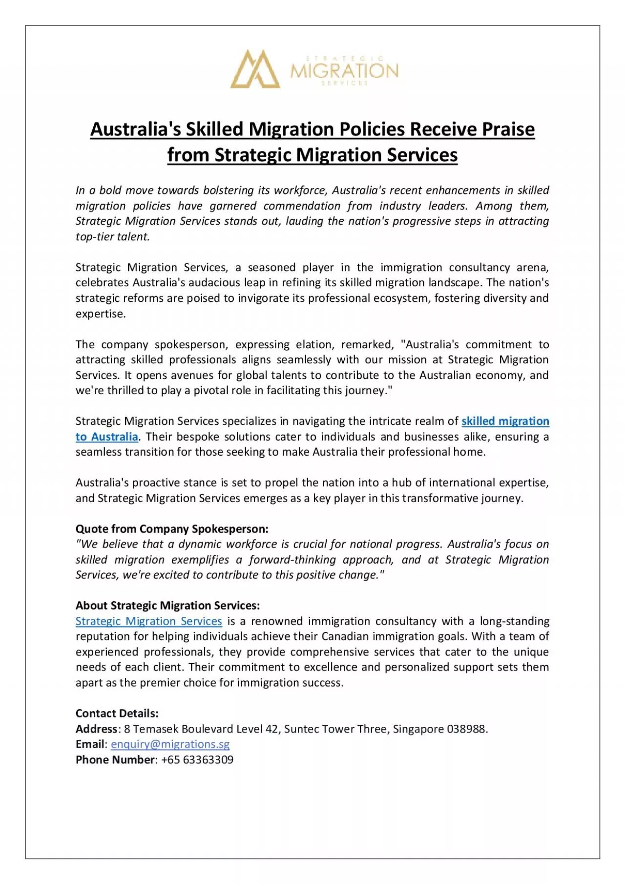 Australia\'s Skilled Migration Policies Receive Praise from Strategic Migration Services