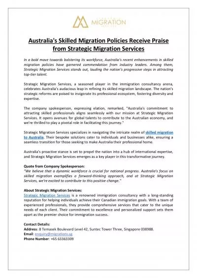 Australia\'s Skilled Migration Policies Receive Praise from Strategic Migration Services