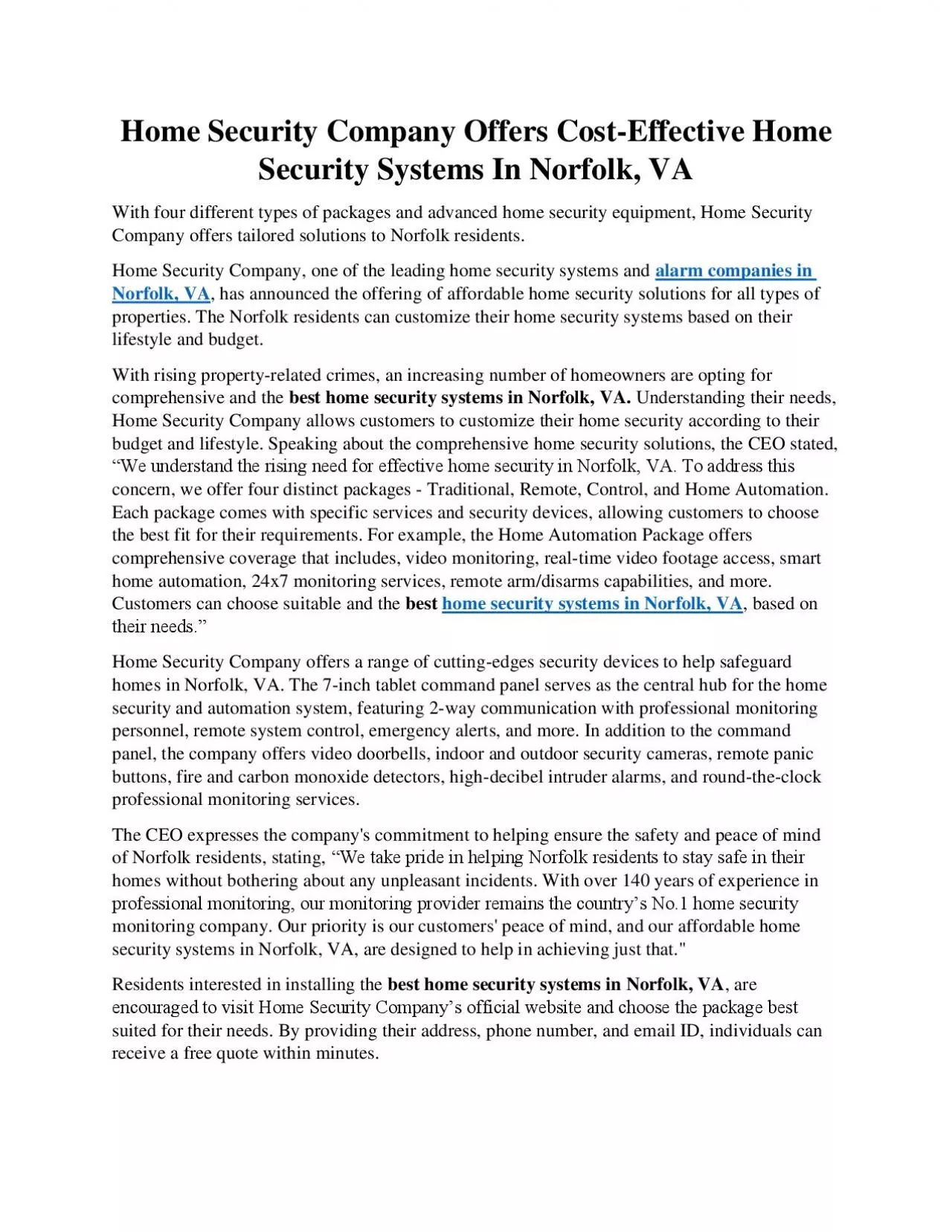 Home Security Company Offers Cost-Effective Home Security Systems In Norfolk, VA