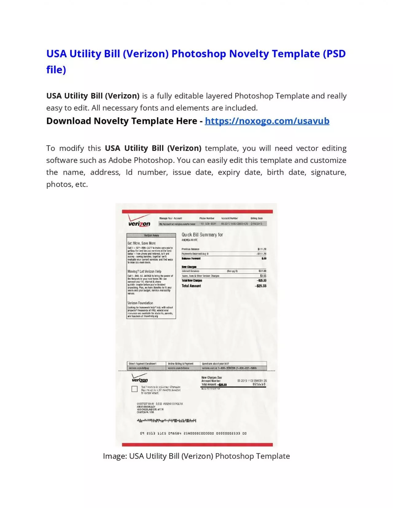 PDF-USA Utility Bill (Verizon) Photoshop Novelty Template
