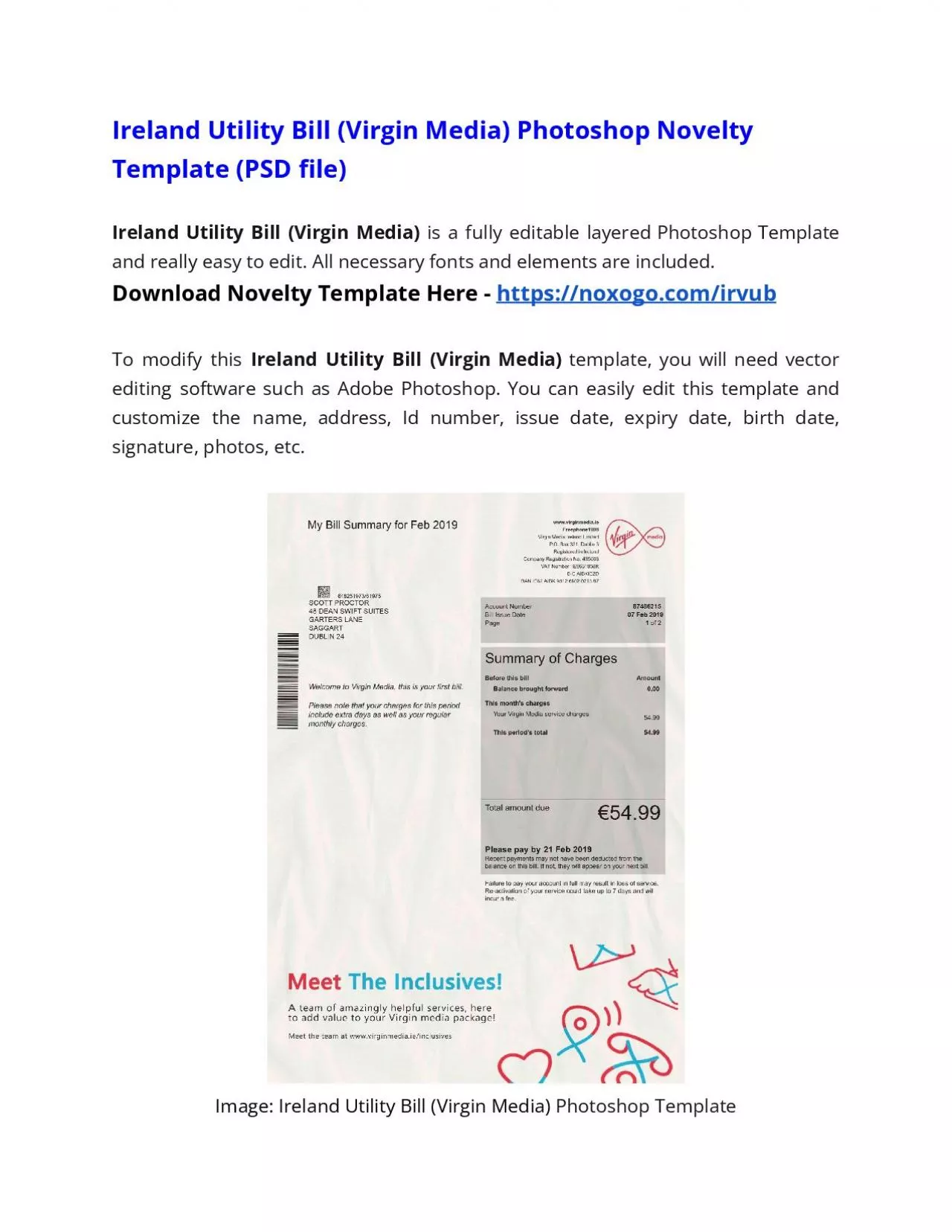 PDF-Ireland Utility Bill (Virgin Media) Photoshop Novelty Template