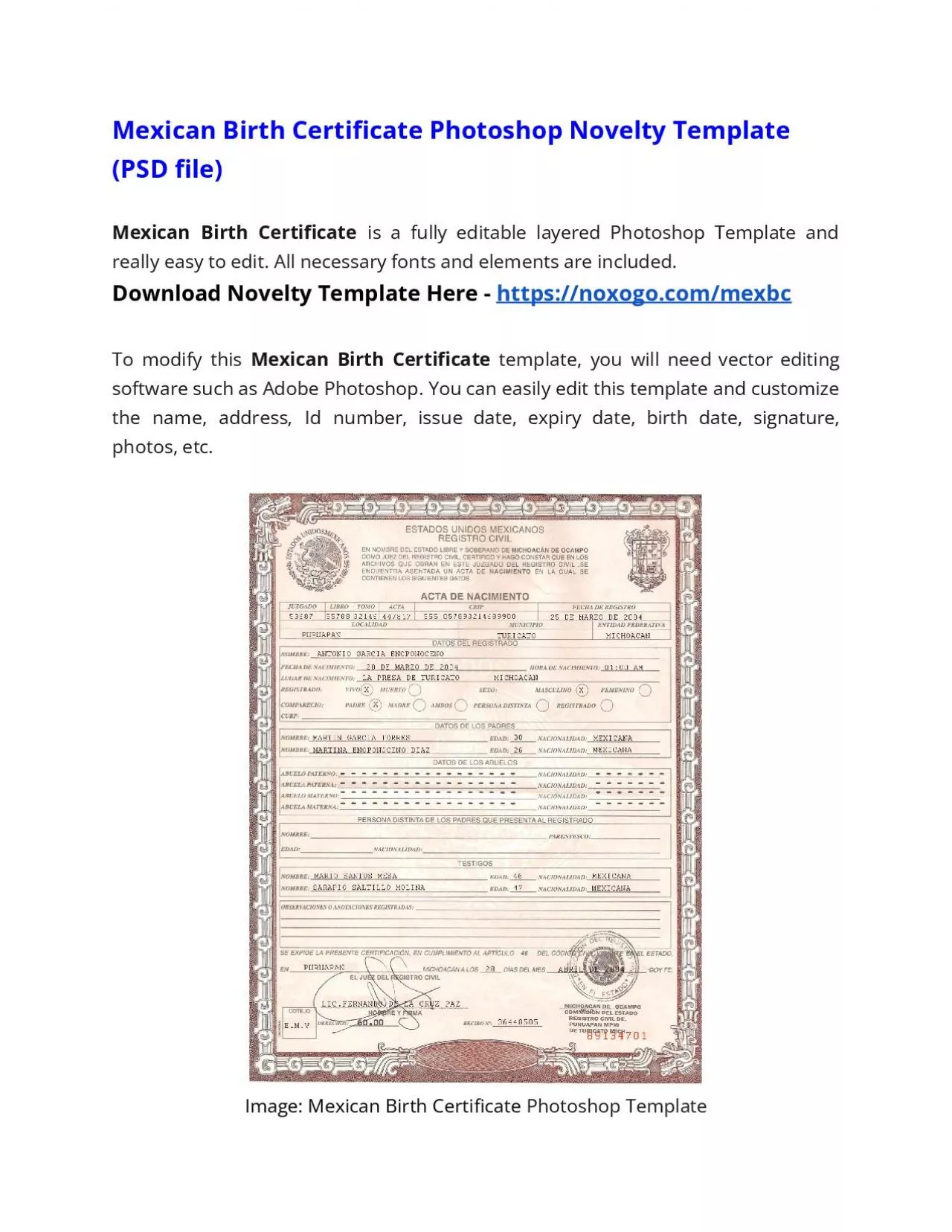 PDF-Mexican Birth Certificate Photoshop Novelty Template