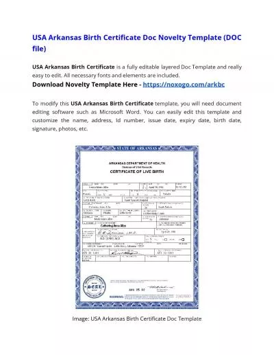 USA Arkansas Birth Certificate DOC Novelty Template