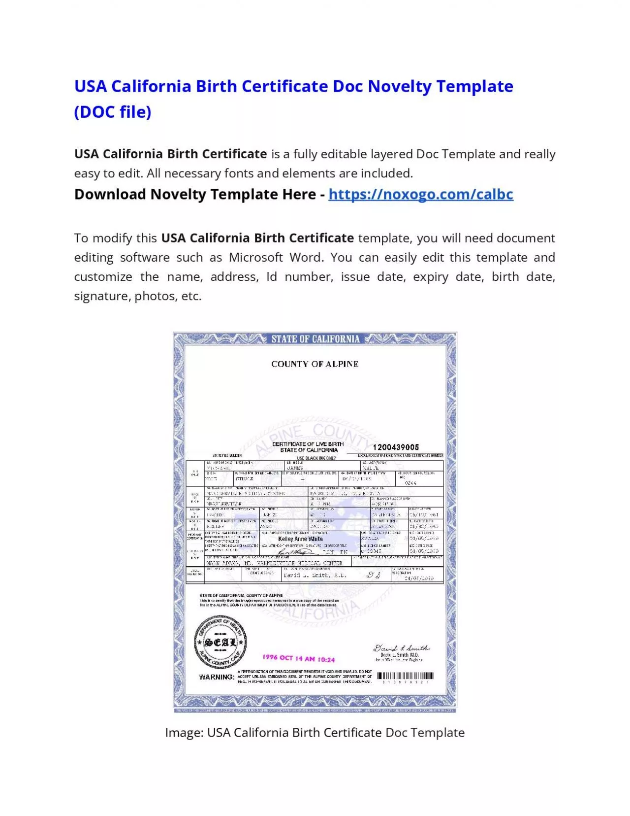 PDF-USA California Birth Certificate DOC Novelty Template