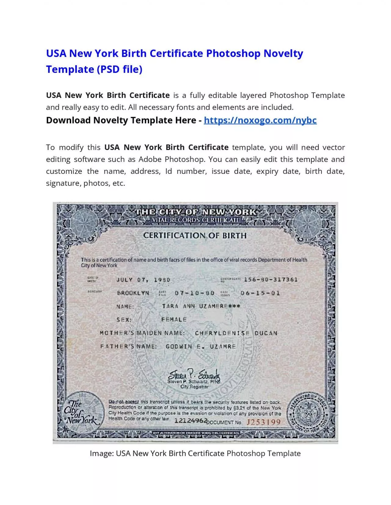 PDF-USA New York Birth Certificate Photoshop Novelty Template