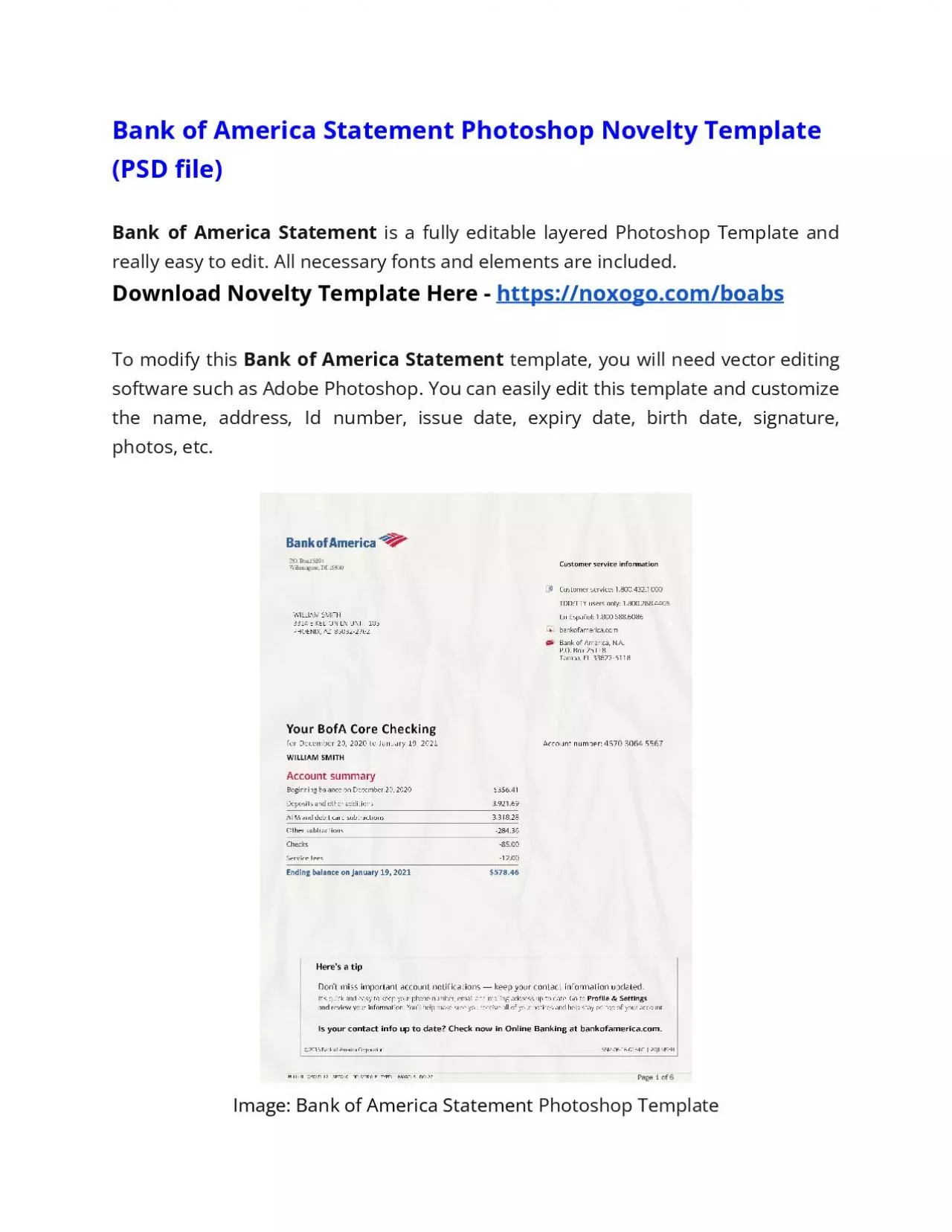 Bank of America Statement Photoshop Novelty Template