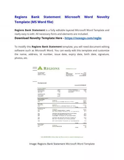 Regions Bank Statement Microsoft Word Novelty Template