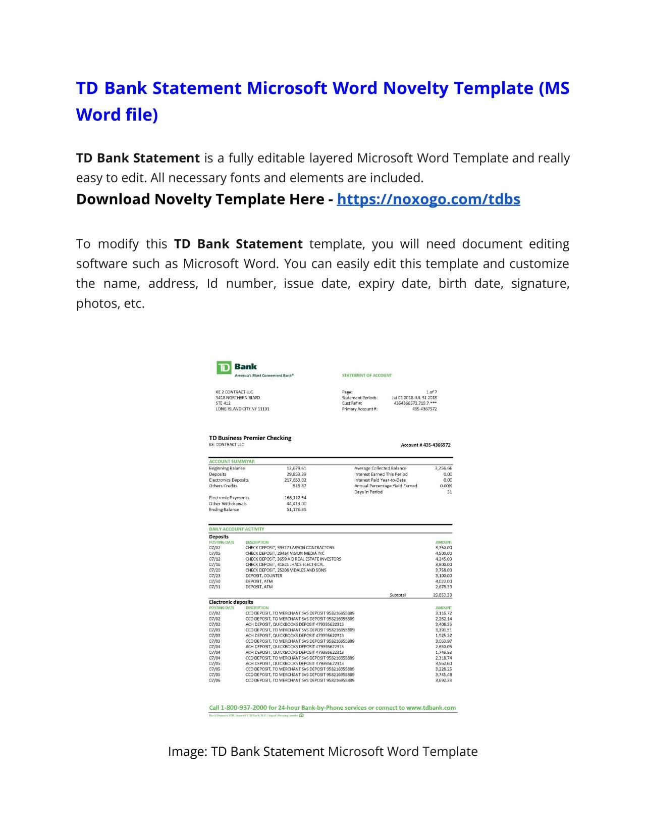 TD Bank Statement Microsoft Word Novelty Template