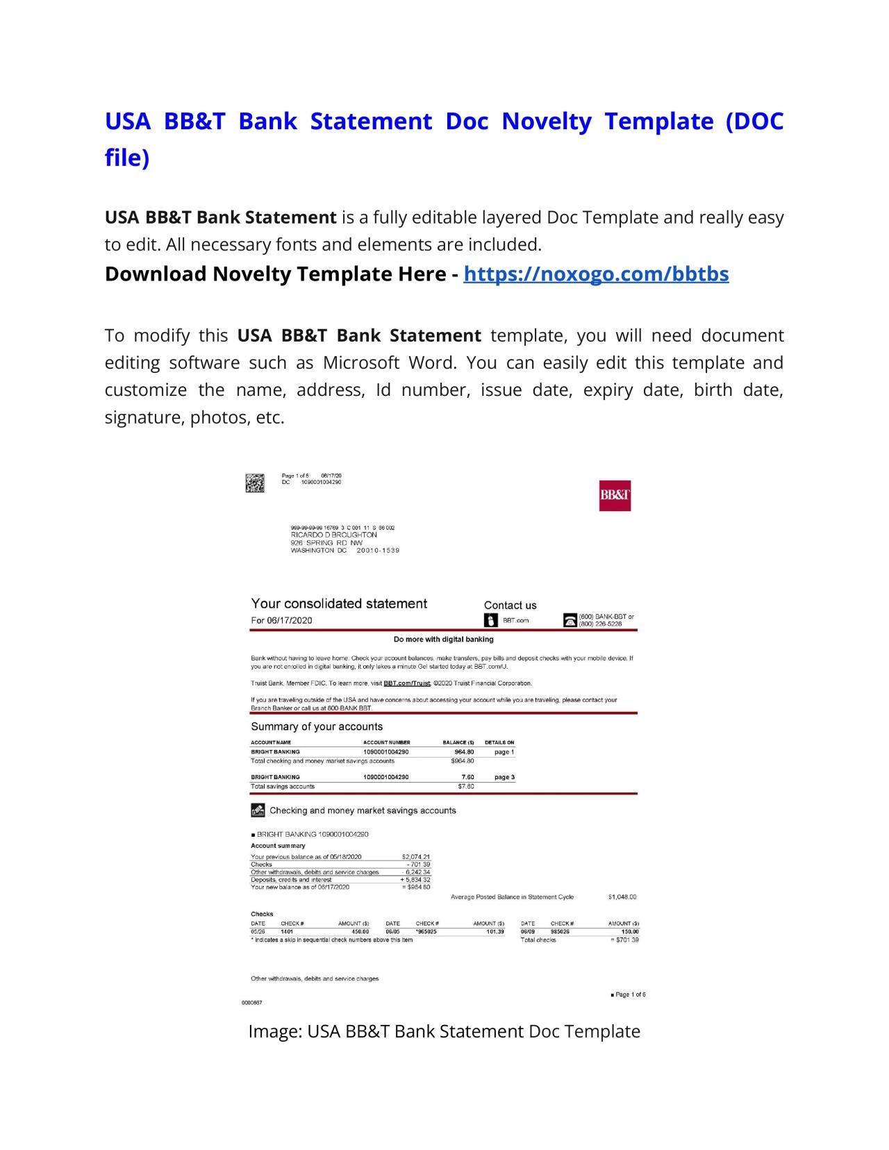 BB&T Bank Statement DOC Novelty Template