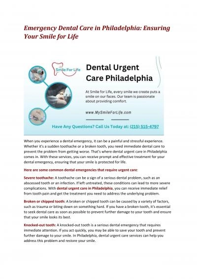 Emergency Dental Care in Philadelphia: Ensuring Your Smile for Life