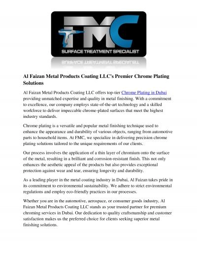 Al Faizan Metal Products Coating LLC's Premier Chrome Plating Solutions 