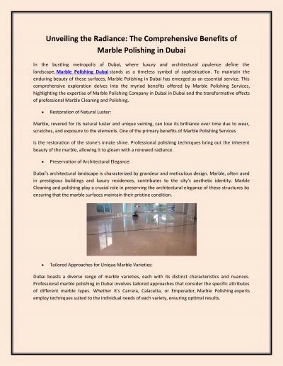 Unveiling the Radiance: The Comprehensive Benefits of Marble Polishing in Dubai