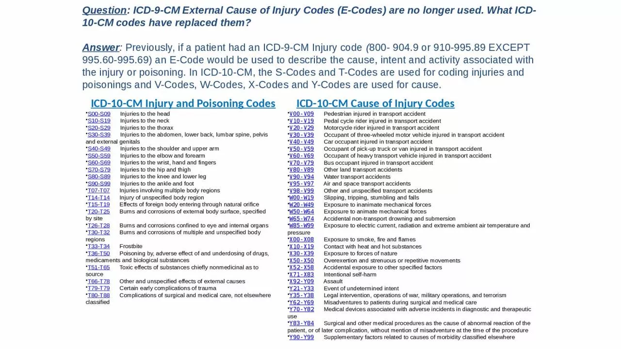 Question : ICD-9-CM External Cause of Injury Codes (E-Codes) are no longer used. What