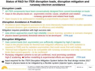 Disruption Loads Status of R&D for ITER d