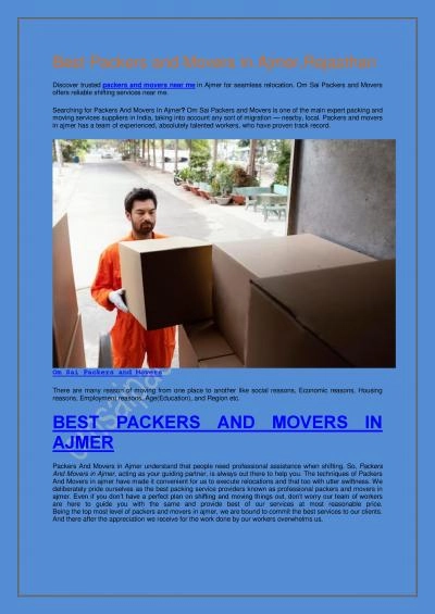 Best Packers and Movers Near Me in Ajmer,Rajasthan