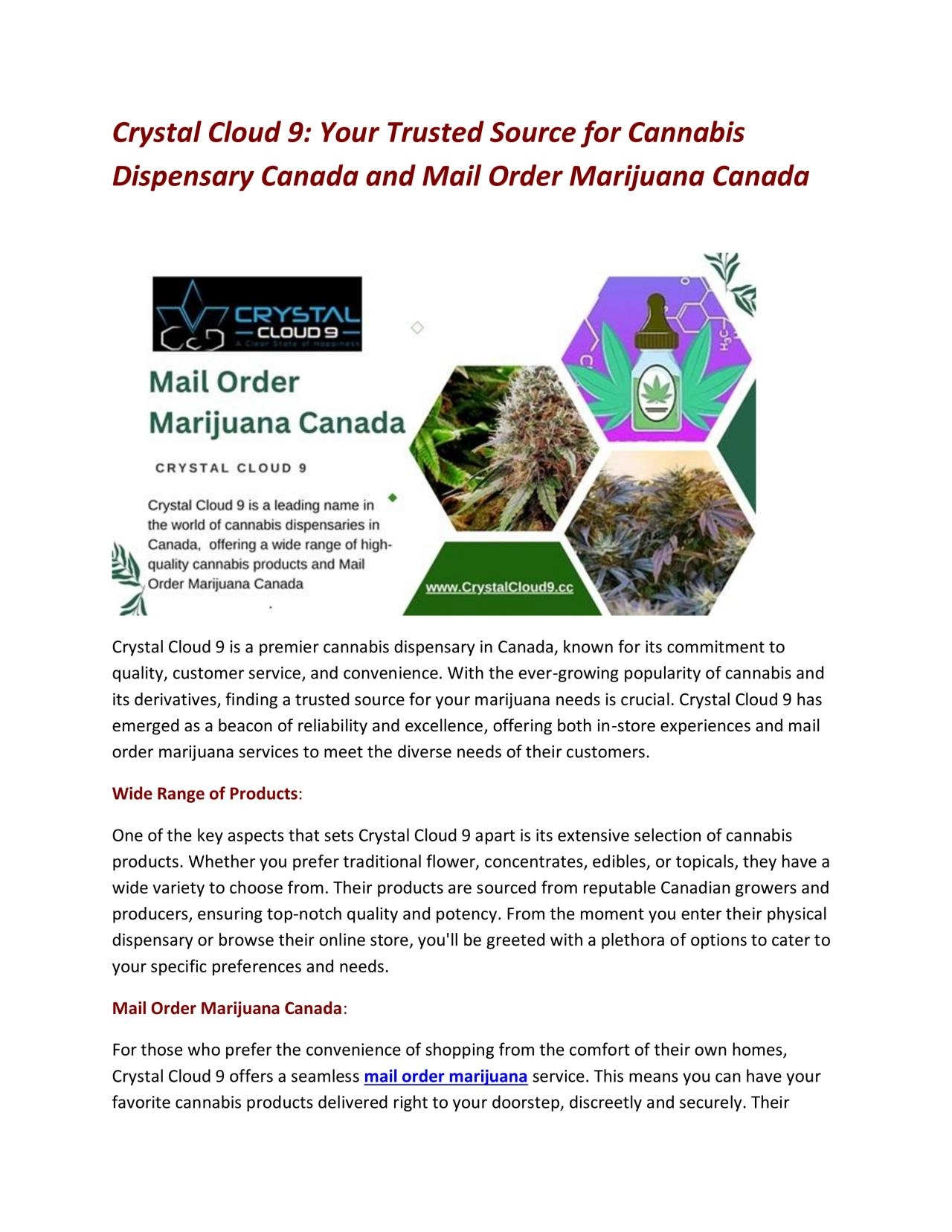 Crystal Cloud 9: Your Trusted Source for Cannabis Dispensary Canada and Mail Order Marijuana