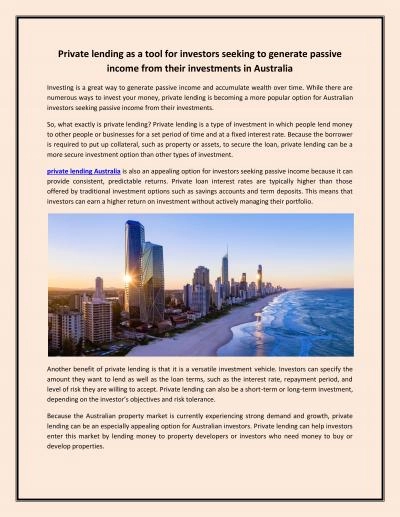 Private lending as a tool for investors seeking to generate passive income from their investments in Australia