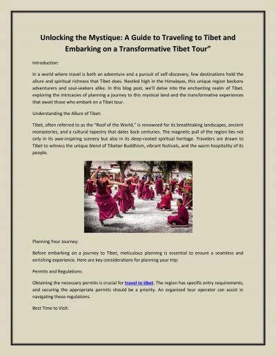 Unlocking the Mystique: A Guide to Traveling to Tibet and Embarking on a Transformative Tibet Tour\