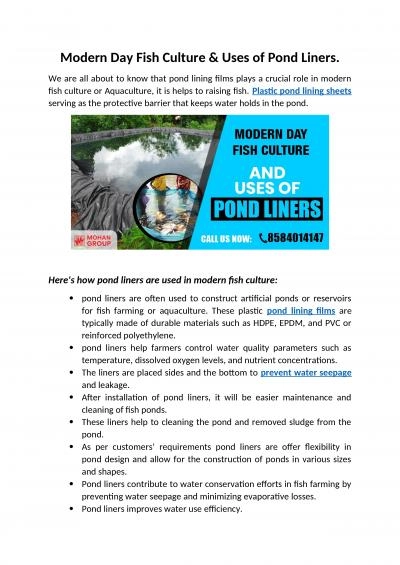 Modern Day Fish Culture & Uses of Pond Liners