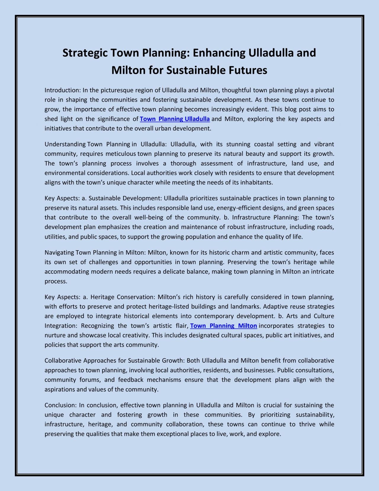 Strategic Town Planning: Enhancing Ulladulla and Milton for Sustainable Futures