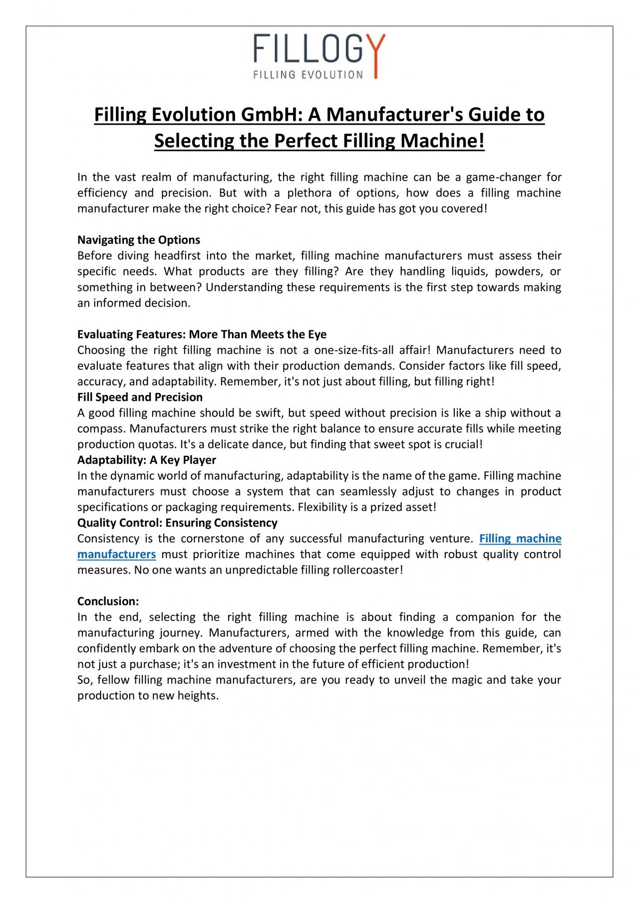 A Manufacturer\'s Guide to Selecting the Perfect Filling Machine By Filling Evolution
