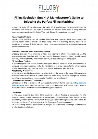 A Manufacturer\'s Guide to Selecting the Perfect Filling Machine By Filling Evolution GmbH