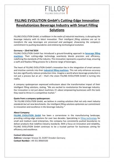 FILLING EVOLUTION GmbH\'s Cutting-Edge Innovation Revolutionizes Beverage Industry with Smart Filling Solutions