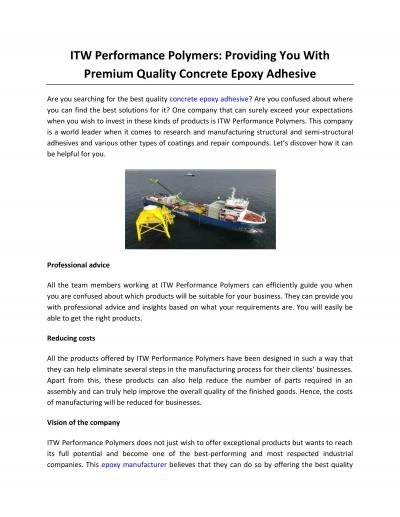 ITW Performance Polymers: Providing You With Premium Quality Concrete Epoxy Adhesive
