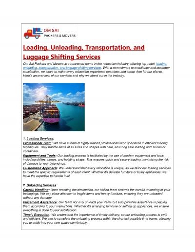 Loading Unloading and transportation services